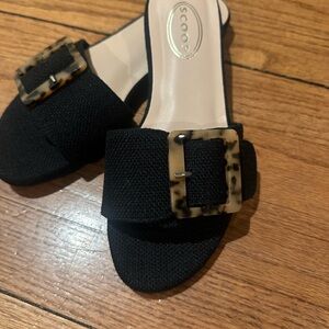 Scoop Black woven knit Slide Mules with Tortoiseshell Buckle NWOB